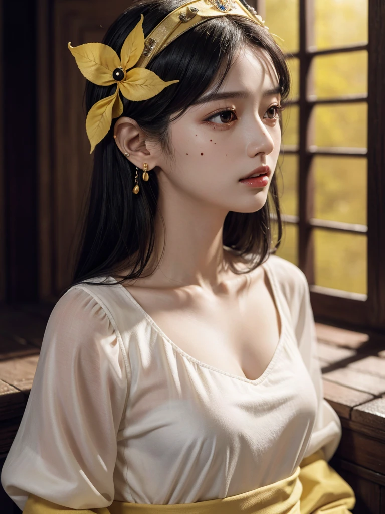 absurdres, RAW photo, extremely delicate and beautiful, masterpiece, Best Quality, ultra high resolution, 32k, hyperrealistic, ultra-detailed, in her 20s, delicate facial features, tearful mole, earring, medium breasts, (full body shot), shorter middle hair, black hair, jiangshi, Spells with red letters on yellow,