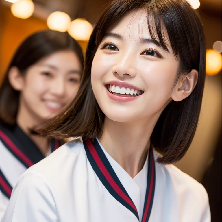 (Highest quality, 8K, 32k, masterpiece, Ultra-high resolution:1.2),Beautiful Japanese Women Photos、Group of 2、healthy、Glowing Skin, Shallow depth of field、Contrasting、Professional Model、looking forward to it、Overbyte、mouth half open、blush:2.5、Random hairstyles for short hair、Black Hair、Face close-up、Portraiture、Teeth are visible、Big Mouth、Droopy eyes、Round face、Multiple moles、Fair skin、Active 24 year old、Brown eyes、Big smile、Yakiniku restaurant、Wear a uniform、Working