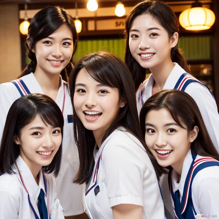 (Highest quality, 8K, 32k, masterpiece, Ultra-high resolution:1.2),Beautiful Japanese Women Photos、Group of 2、healthy、Glowing Skin, Shallow depth of field、Contrasting、Professional Model、looking forward to it、Overbyte、mouth half open、blush:2.5、Random hairstyles for short hair、Black Hair、Face close-up、Portraiture、Teeth are visible、Big Mouth、Droopy eyes、Round face、Multiple moles、Fair skin、Active 24 year old、Brown eyes、Big smile、Yakiniku restaurant、Wear a uniform、Working