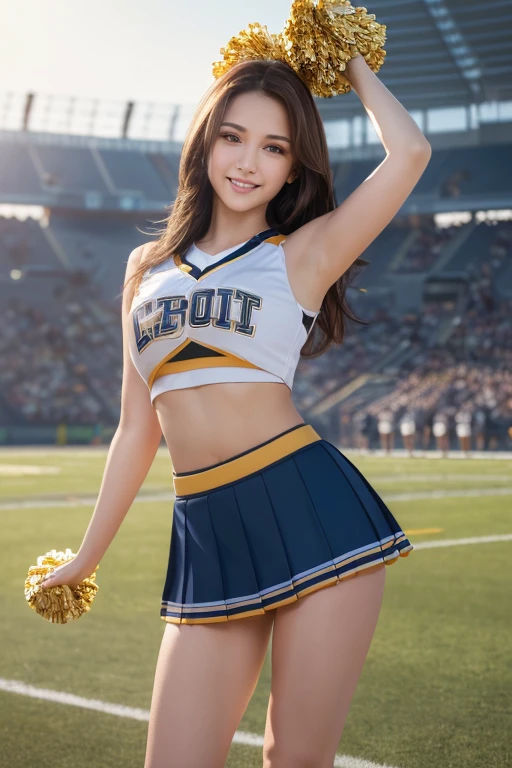 ((Realistic lighting, Best quality, 8K, Masterpiece: 1.3)), Clear focus: 1.2, 1girl, Perfect Figure: 1.4,(cheerleader:1.3),(outdoors:1.5),(viewarmpits:1.5),(stadium:1.1),(cheer dance:1.3) , big breasts, ((Dark brown hair)), Super fine face, Fine eyes, Double eyelids,smile face