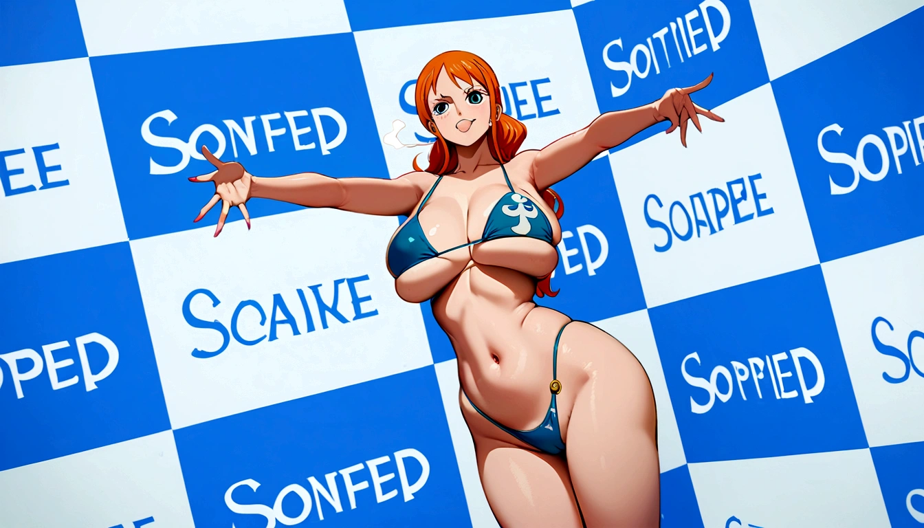 a cartoon picture of a woman in a bikini top and jeans, nami one piece, nami from one piece, nami, beautiful portrait of nami, from one piece, oppai, blue eyes, smoking, ponytail, nsfw