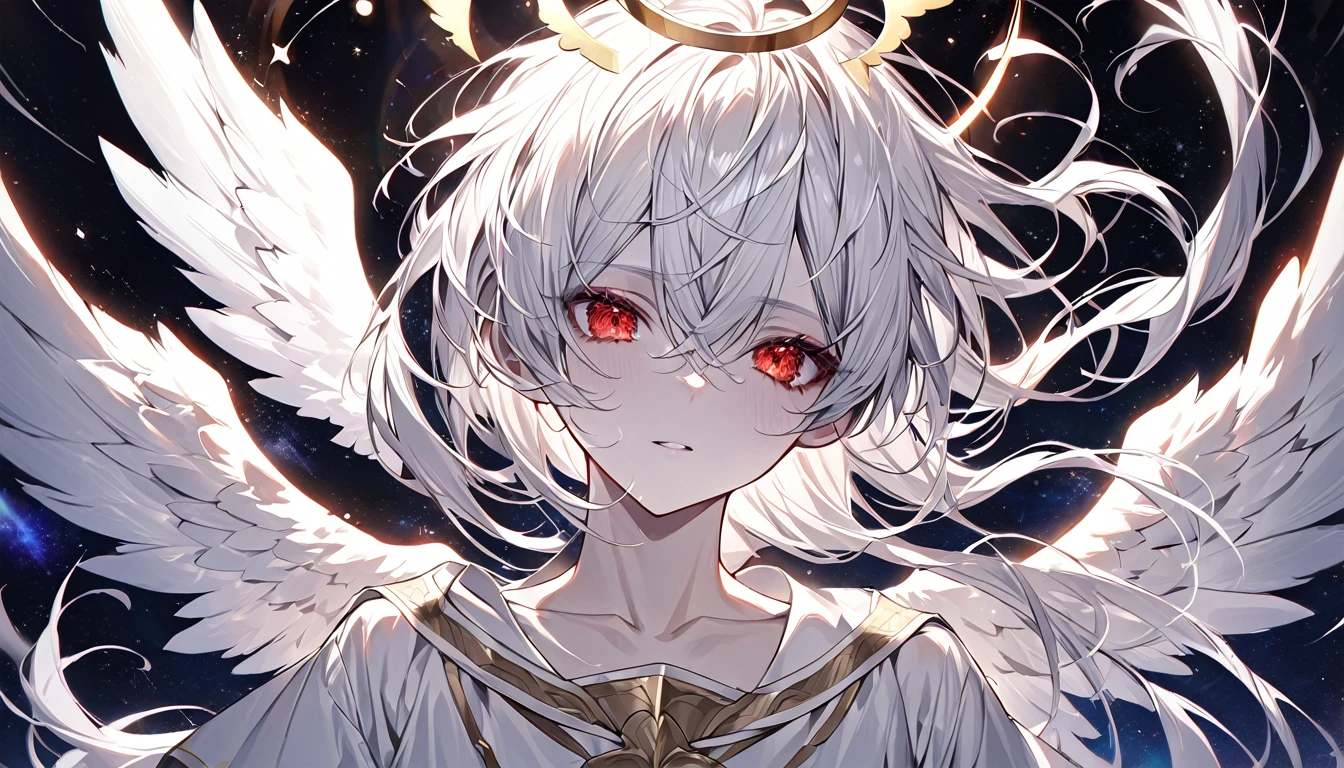 angel boy, White Hair, Red eyes, Ancient white clothing, Angel Halo, White Wings of an Angel, Has hair on the tip, White skin, Big white wings, Floating in space/ High in the sky, good looking, high quality, Very detailed,