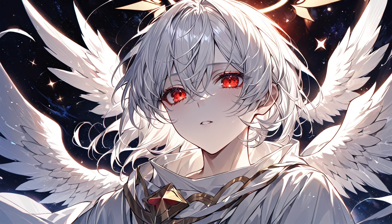 angel boy, White Hair, Red eyes, Ancient white clothing, Angel Halo, White Wings of an Angel, Has hair on the tip, White skin, Big white wings, Floating in space/ High in the sky, good looking, high quality, Very detailed,