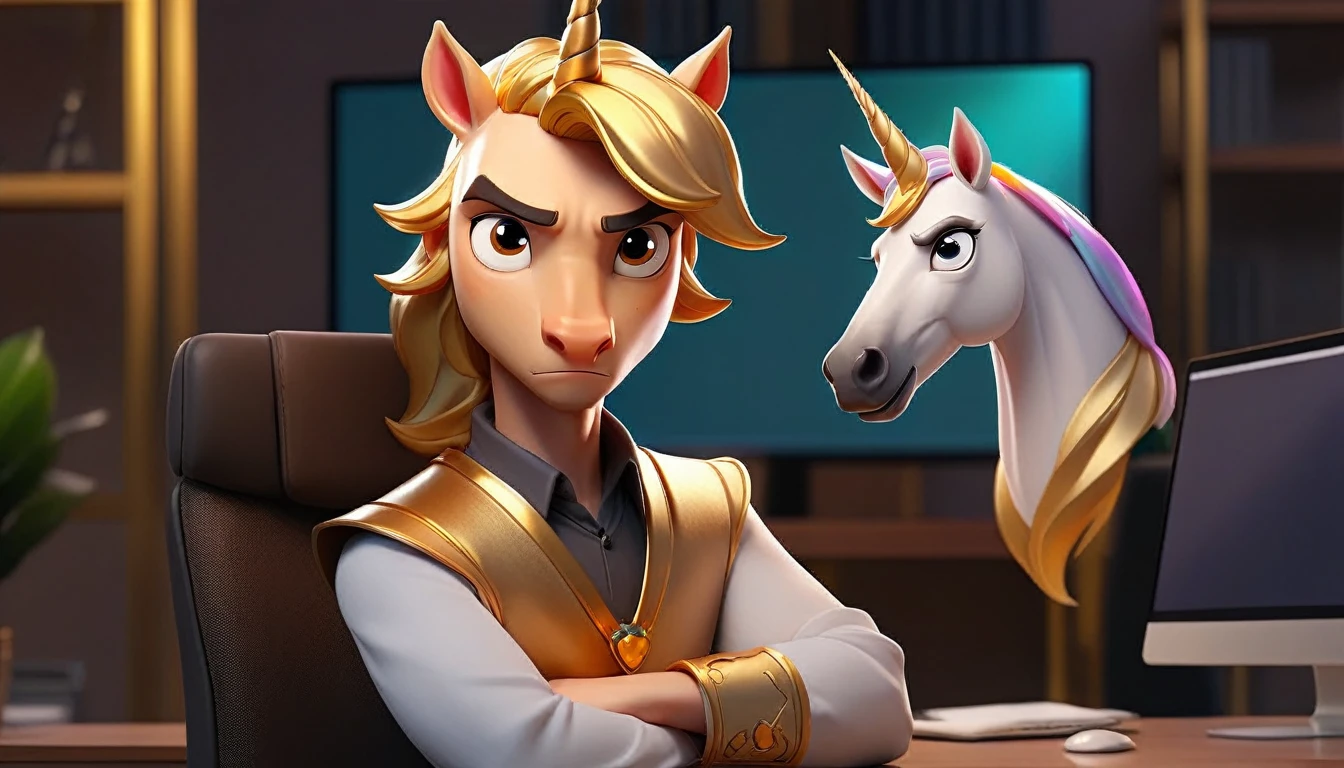 professional male anime unicorn avatar looking at camera, humanized facial features, boca, this unicorn must reflect innovation, the success, aspirations associated with startups, expresion facial friendly y carismatica, large eyes, expressive. gold and silver aspects, sitting at a desk with a room background, friendly, looking forward looking at the camera