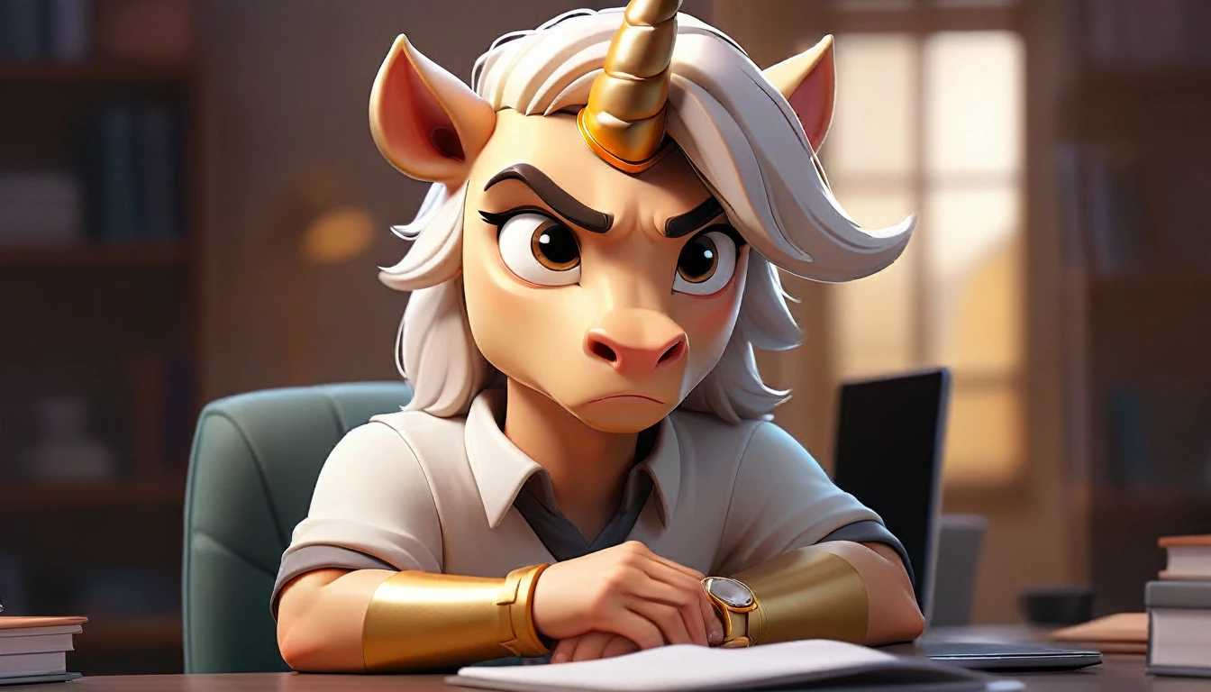 professional male anime unicorn avatar looking at camera, humanized facial features, boca, this unicorn must reflect innovation, the success, aspirations associated with startups, expresion facial friendly y carismatica, large eyes, expressive. gold and silver aspects, sitting at a desk with a room background, friendly, looking forward looking at the camera