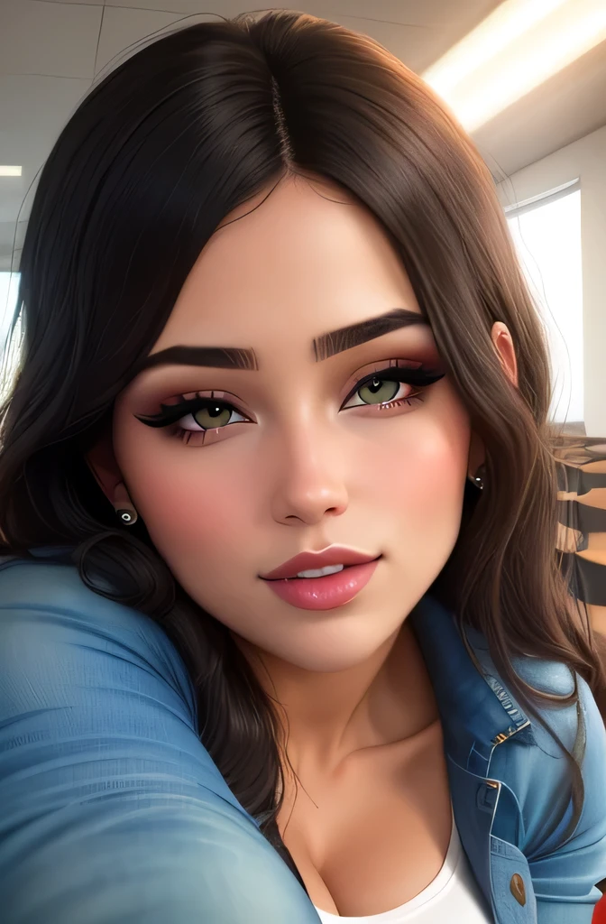 Amazing portrait of a sexy teacher in an empty classroom with a beautiful detailed face emphasised by some amazing makeup wearing a shirt that emphasizes her medium chest, and jeans showcasing her thick thighs with a lustful expression