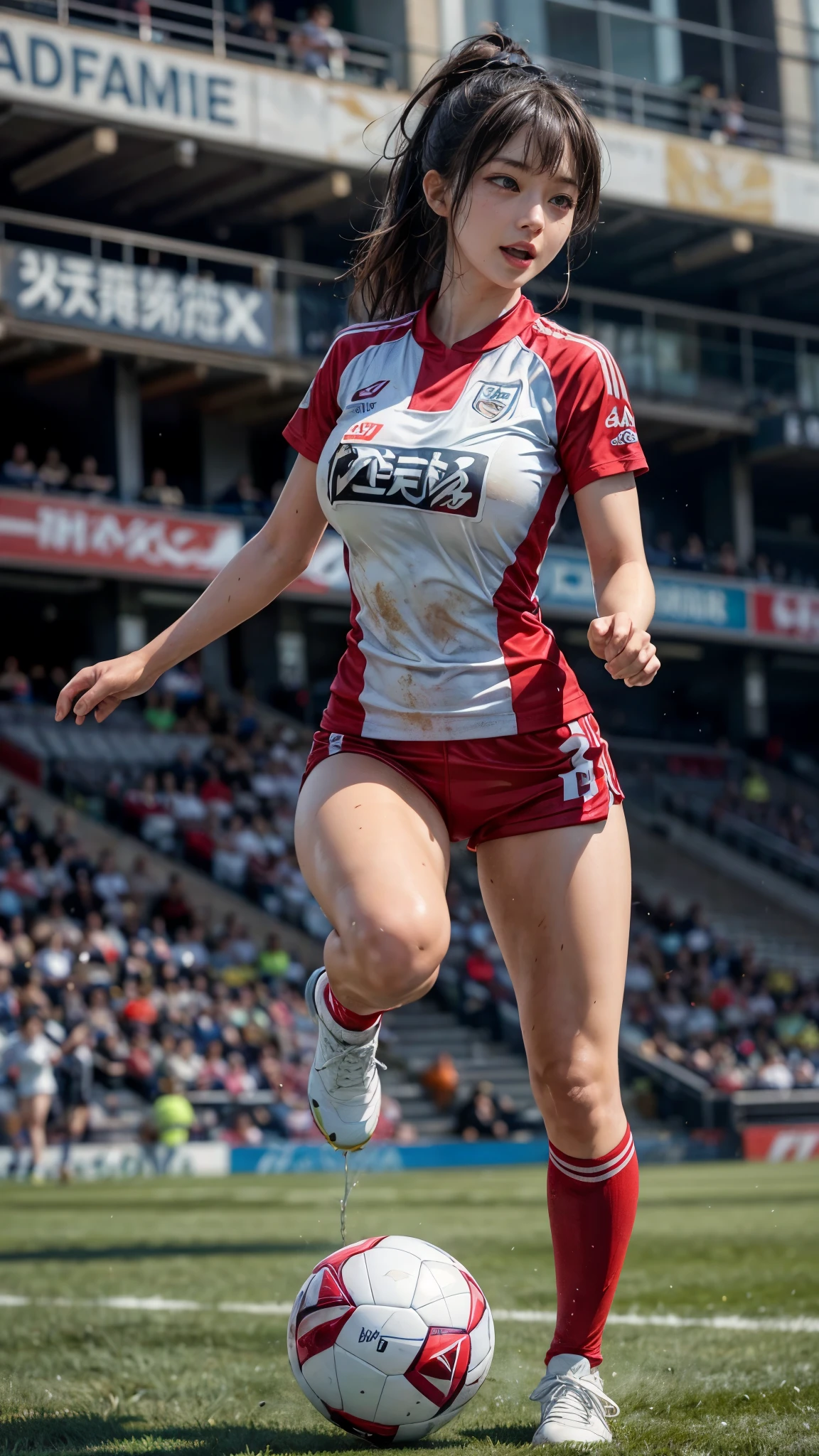 Highest quality, High resolution:1.2, Very detailed, Realistic:1.3, ((Beautiful woman))、((Super tight uniform))、((Super big breasts))、(The abdomen is visible)、Vibrant colors, play soccer,((Blunt bangs))、Various Hair Styles、Different hair colors、With bangs、Wet Hair, concentrate, splash, Action Shots, Grass blotches, Muddy ground, Wet turf, decide, Fast-paced games, Athletic physique, Shiny soccer ball, Wet Uniform, raindrop, Blurred motion, ボールにconcentrateする, Intense competition, Skillful dribbling, Energetic play, Teamwork, powerful shoots, Wet pitch, Passionate sports, Fierce decide, Humid atmosphere, Fluid movement, emotional expression、Dramatic lighting, Women's Sports, Avid athletes, Exciting Games, Endure, Excited state, Speed and agility, Energetic play, 濡れたsplash、smile、Red Uniform