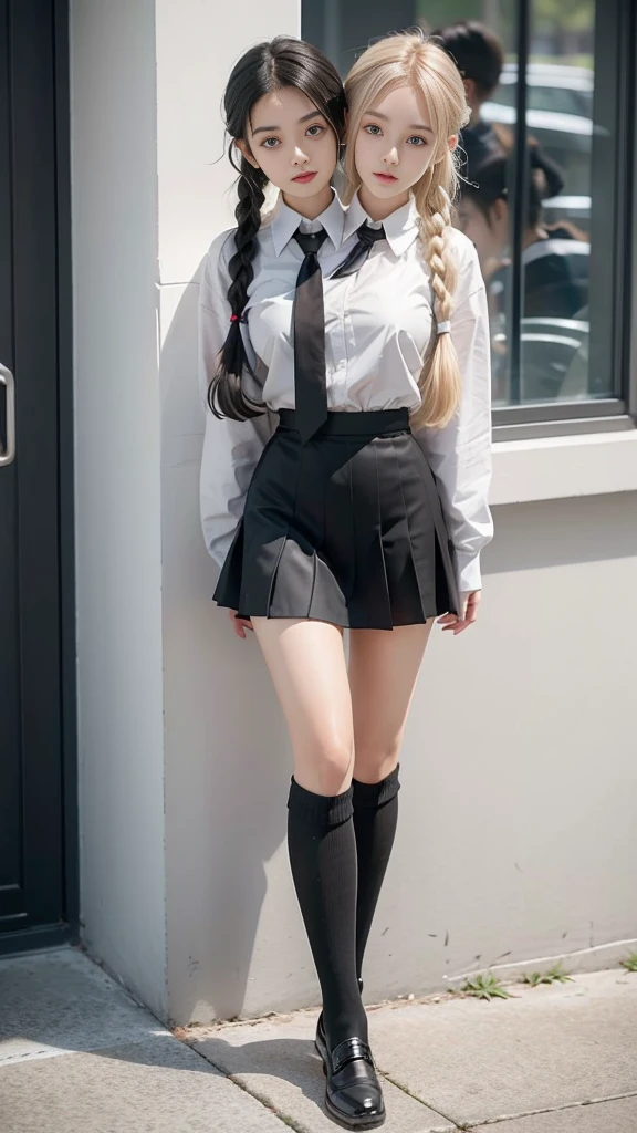 best resolution, 2 heads, Australian model girl two heads, 19 years old, youthful, wearing a white shirt and black skirt posing for a picture, teenage female, wearing a skirt and high socks, wearing, white shirt and grey skirt, girl wearing a uniform, knee high socks, school girl, dressed magical school student uniform, braided hair, blonde hair, red hair, black hair, different hair colors, full body shot