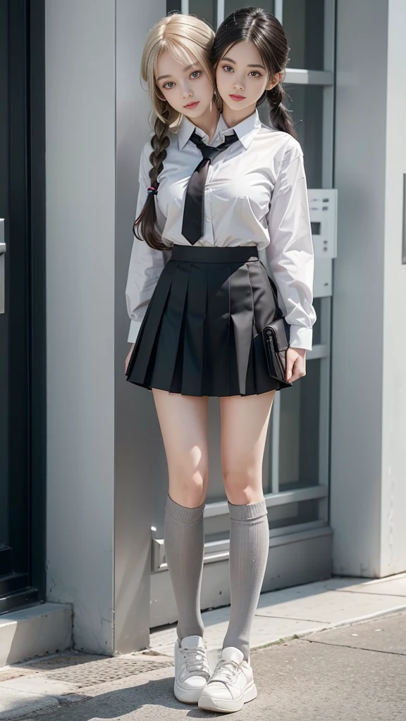 best resolution, 2 heads, Australian model girl two heads, 19 years old, youthful, wearing a white shirt and black skirt posing for a picture, teenage female, wearing a skirt and high socks, wearing, white shirt and grey skirt, girl wearing a uniform, knee high socks, school girl, dressed magical school student uniform, braided hair, blonde hair, red hair, black hair, different hair colors, full body shot