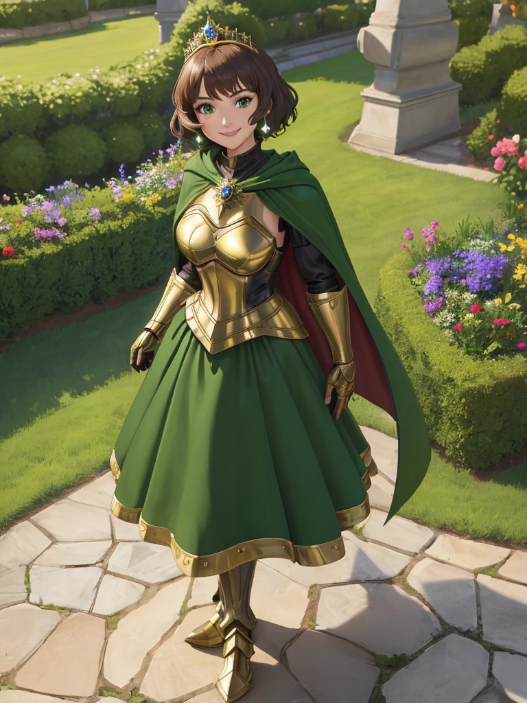 masterpiece, best quality:1.2), 1girl, smile, looking at viewer, green eyes, short brown hair, princess, armor, , pauldrons, armored dress, green cloak cape, wearing puffy blue ballgown skirt, golden tiara with green gem, armored boots, fingerless gloves, standing in medieval garden