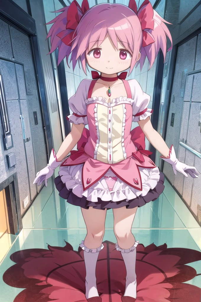 One Girl, alone, masterpiece, Highest quality,
        gloves, mahou shoujo madoka magica, Madoka Kaname, Madoka Kaname, Pink Eyes, Pink Hair, short hair, Twin tails, short Twin tails, Hair Ribbon, Red ribbon, Magical girl, choker, ribbon choker, soul gem, clavicle, Short sleeve, Puffy sleeves, puffy Short sleeve, Center frill, white gloves, Open back clothing, Scapula, Medium Chest, Bubble Skirt, Bow skirt,
          Cowboy Shot, ((Skirt flip)),((Panties in full view:1.5)),
          blush, Twisted Smile,
          Outdoor,night,alley