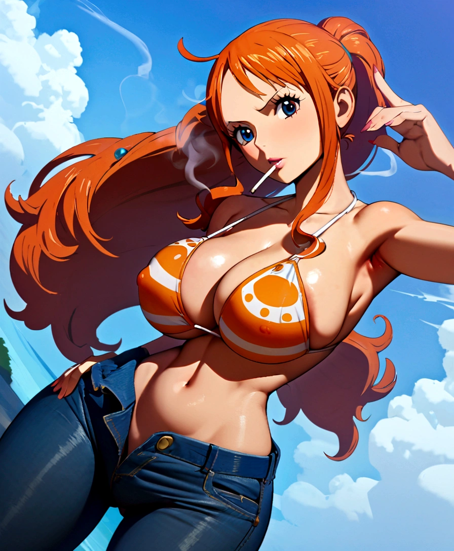 a cartoon picture of a woman in a bikini top and jeans, nami one piece, nami from one piece, nami, beautiful portrait of nami, from one piece, oppai, blue eyes, smoking, ponytail, nsfw