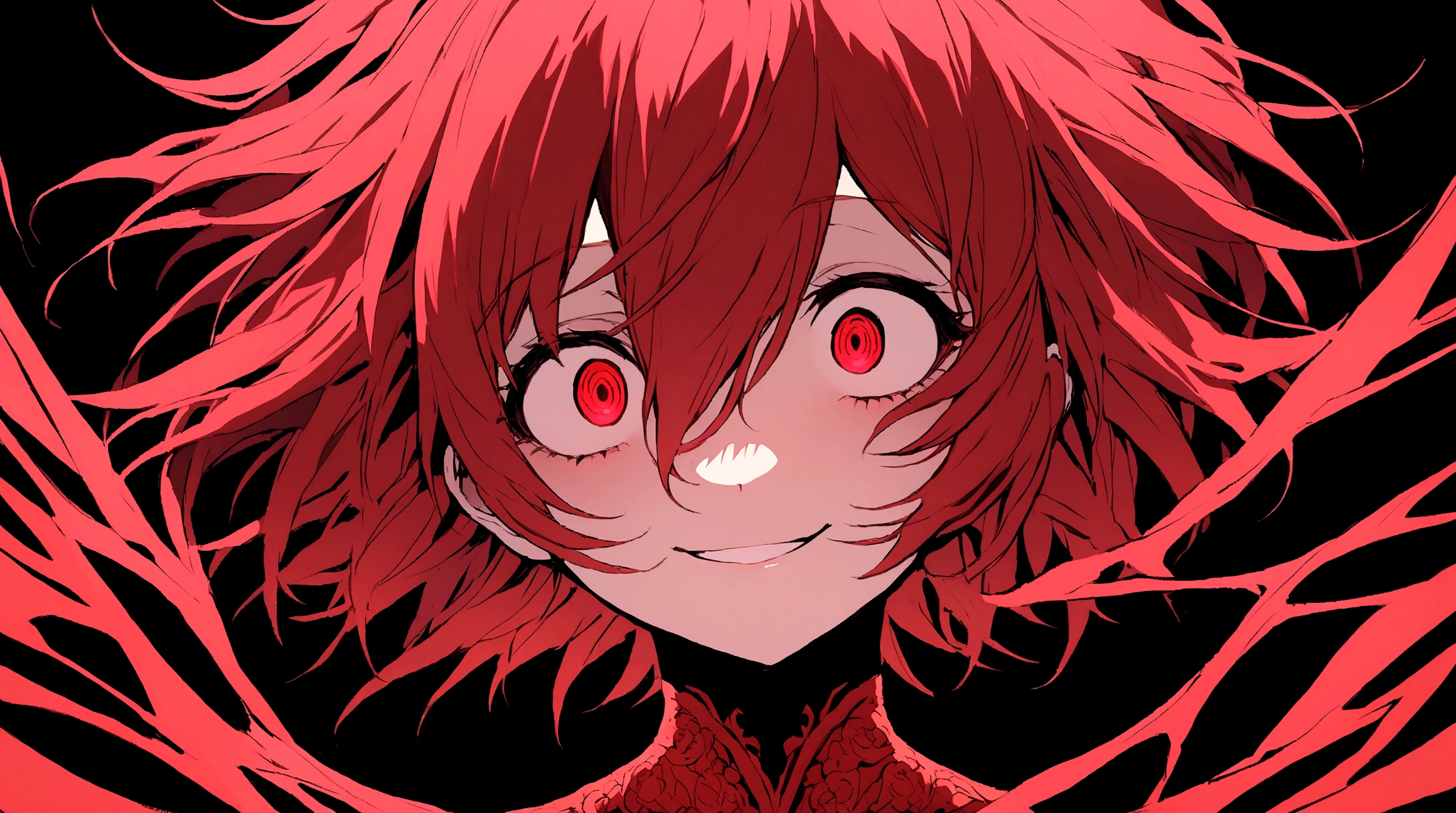 Crazy red eyes laughing Yandere Crazy anime girl. Looking. Short hair. Red hair. Full body, black background.