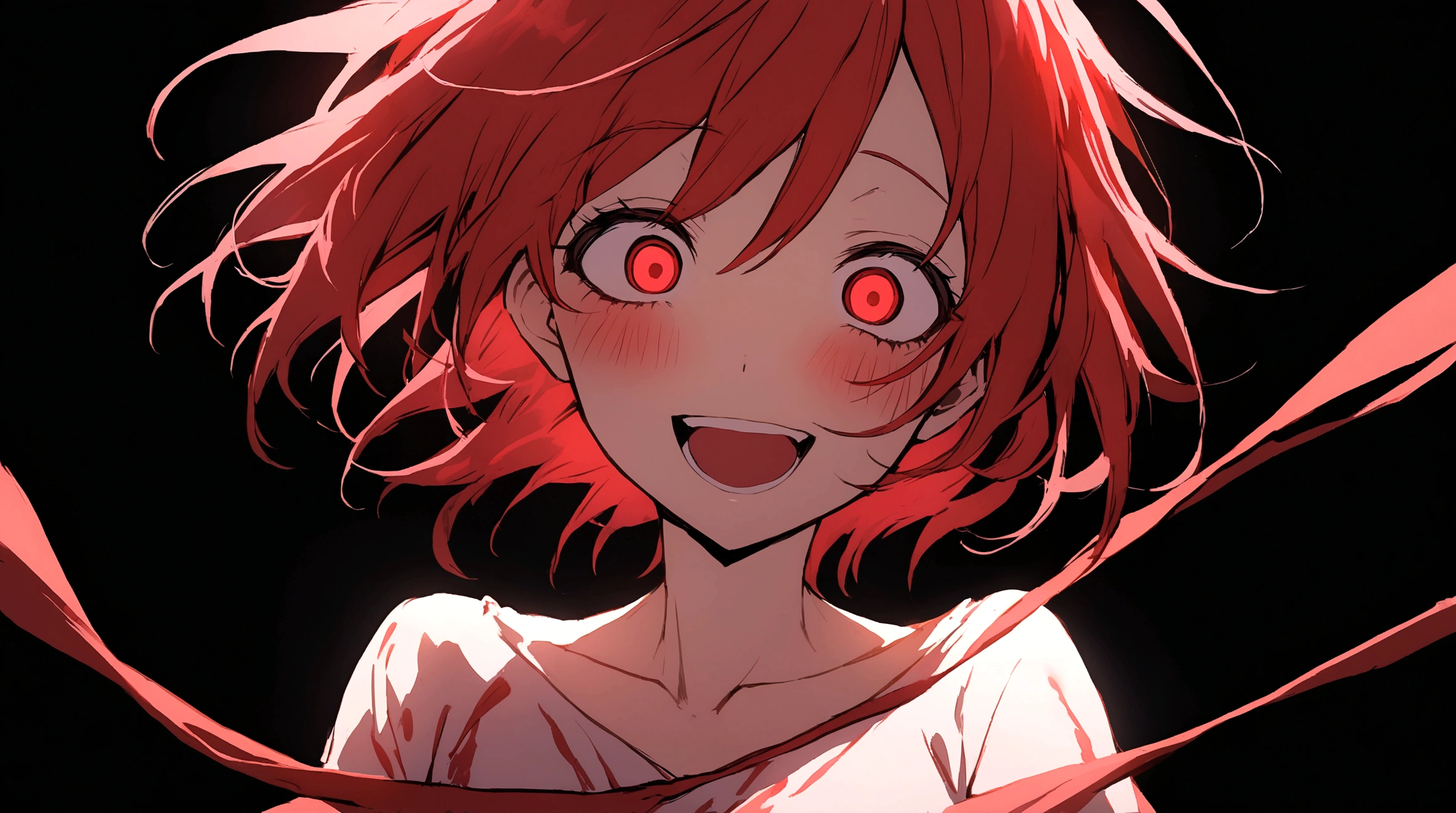 Crazy red eyes laughing Yandere Crazy anime girl. Looking. Short hair. Red hair. Full body, black background.