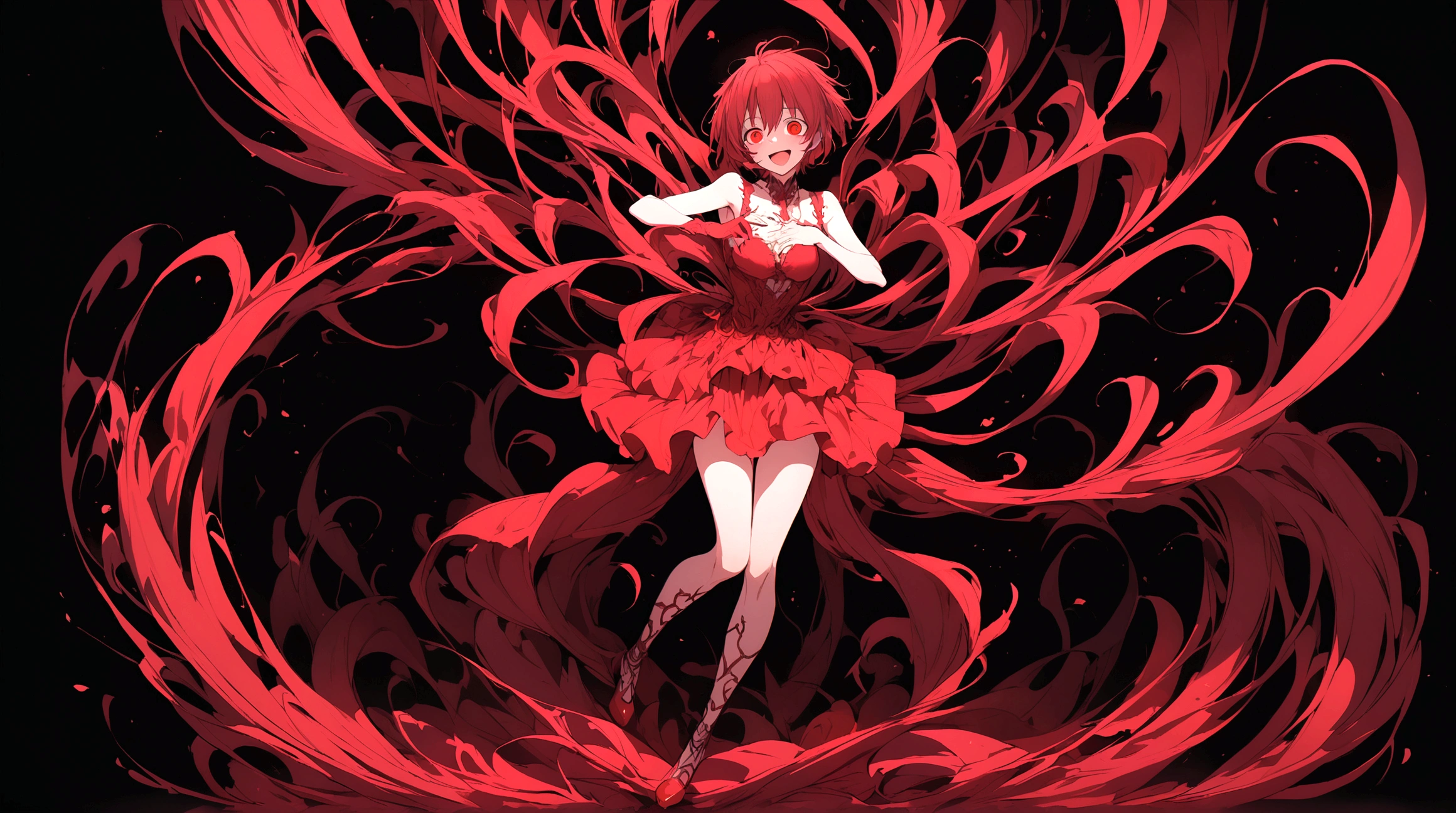 Crazy red eyes laughing Yandere Crazy anime girl. Looking. Short hair. Red hair. Full body, black background.