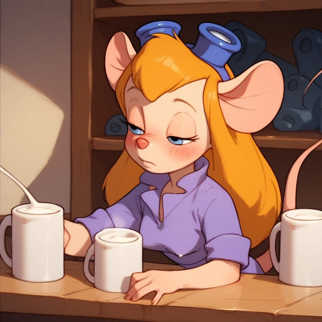 score_9, score_8, score_7, score_6, mouse tail, gadget, cartoon, score_9, score_8_up, score_7_up, sourc_anme, 1girl, half closed eyes, :o, blush, long hair, solo, milking self, coffee mug, (((milking into mug))), ((one breast out)), indoor, blurry background, pouring breasts milk, leaning forward, (flowing into mug), (pouring into mug, milk flowing from nipple into mug), (breast squeeze), :o, hand on one breast, looking away, standing,   table, (coffee shop), large breasts, unbuttoned, white shirt, yellow apron, pov, open mouth, shy, embarrassed, no pants, no panties, lactation, (((nipple, boob, toppless,)))