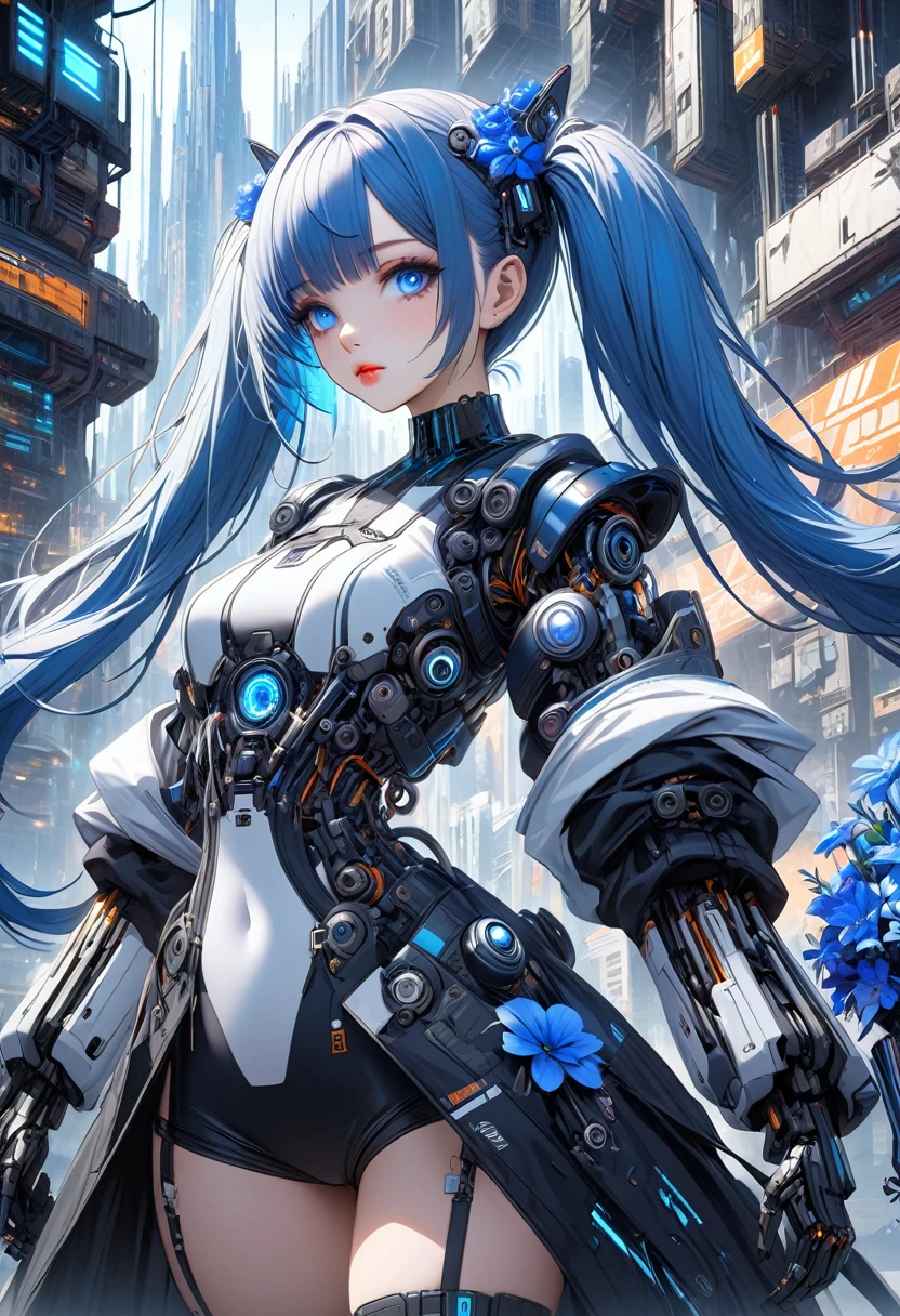 1 girl, robot girl, blue hair, twin tails, blue eyes, beautiful detailed eyes, beautiful detailed lips, extremely detailed eyes and face, long eyelashes, blue and white robot-like barrette, Gorgeous white and blue gothic lolita clothing in a cyberpunk style, you can see the mechanism from your body and clothes, sky blue neon light shines from clothes, holding a bouquet of blue flowers made by a machine, background, white futuristic city, (best quality,4k,8k,highres,masterpiece:1.2),ultra-detailed,concept art,digital painting,intricate details,science fiction,neon,vibrant colors,dramatic lighting