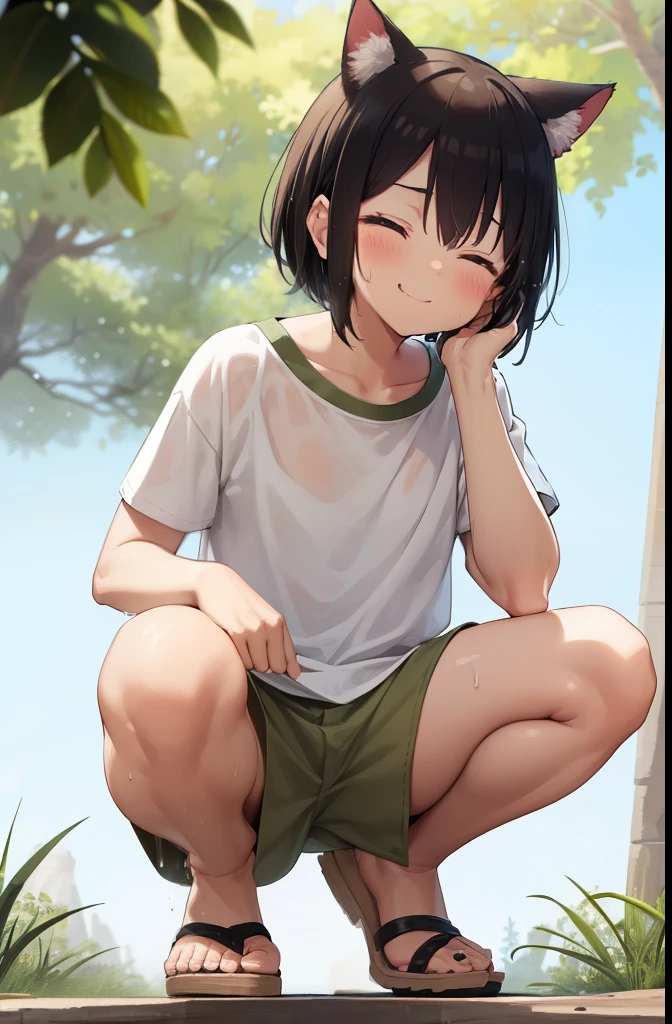 forest,smile,Squat,Put your hands behind your back,close your eyes,1. small ,short hair,Black Hair,blush,White T-shirt,Olive green shorts,Brown Sandals,White skin,summer,From below,shy,Sweat,Please open your mouth wide,Wet,Cat ears,Cat's Tail,PAW Pose