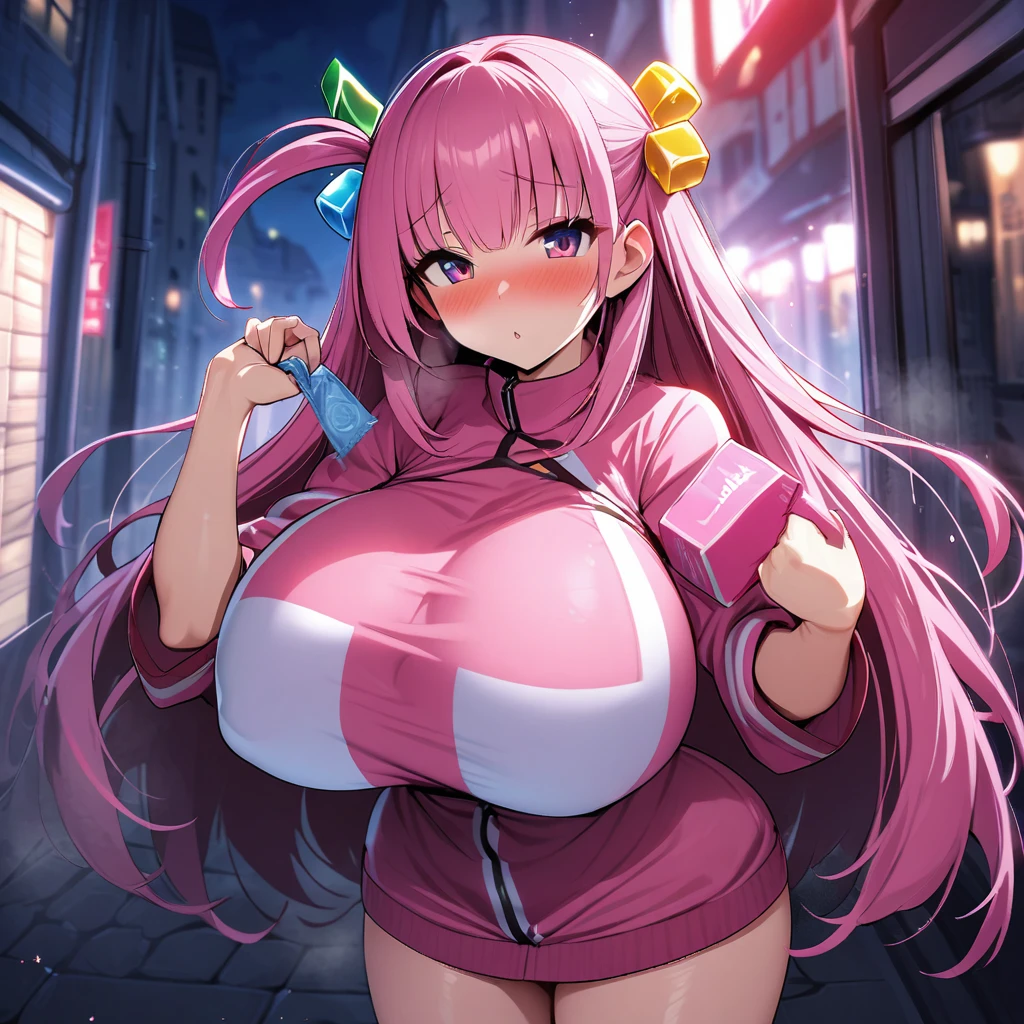 gotou hitori,1girl,solo,long hair,pink hair color,bangs,cube hair ornament,Pink jerseys,Females in heat,blush,shyness,disgrace,super huge breasts,condom box in right hand,looking at viewer,standing up,town at night