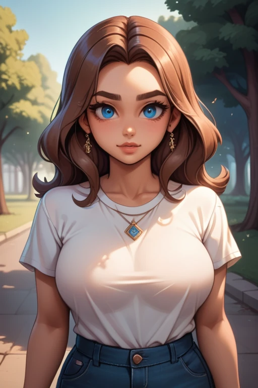young woman; shoulder-length wavy brown hair; light-brown-skin; blue eyes; girl-next-door; soft features; beautiful; large breasts; casual clothing; form-fitting clothes; in the park; saucy pose; best quality; trending on artstation; complex volumetric lighting; warm incandescent; strong shadows; artistic lighting; dynamic; energetic vibe; subsurface scattering; specular highlights; micro-textures;