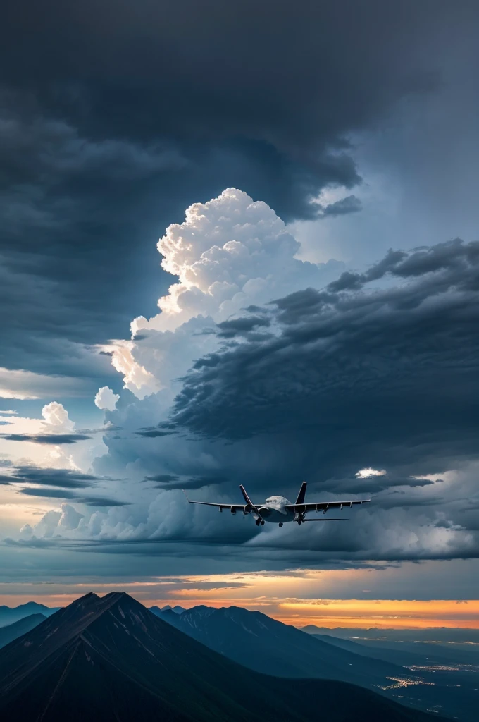 A image of a plane flying from clear skies to an impending storm with dark clouds gathering at midnight