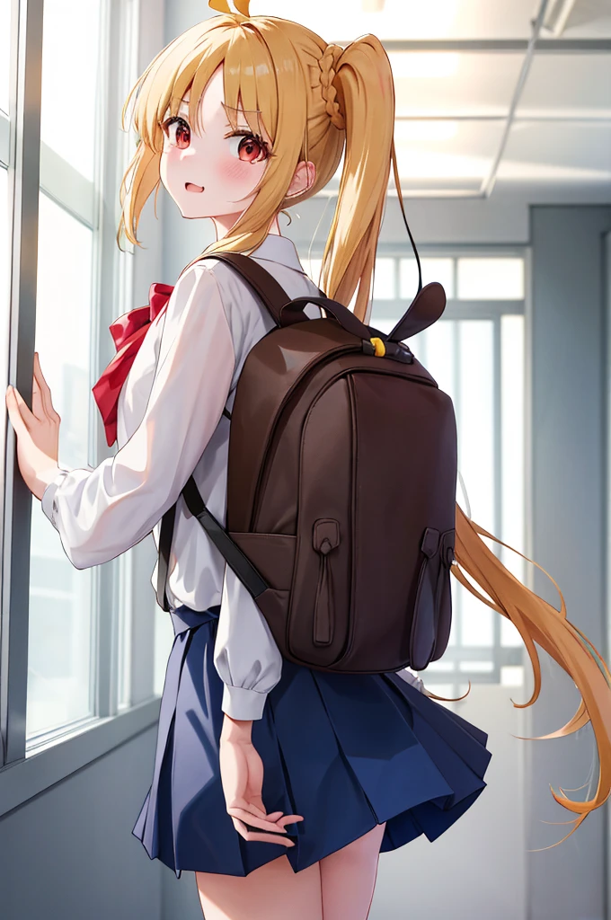 masterpiece, Highest quality, High resolution, 1 in, Side Ponytail, Long Hair, Ahoge, White shirt, Blue Skirt, Long sleeve, Red Bow, White socks, Are standing, Cowboy Shot, indoor, School corridor,Disgust,anger,Open your mouth,wear randoseru backpack, (randoseru backpack:1.0), Yellow Backpack,Butt,panties,pantiesプル,Skirt flip,