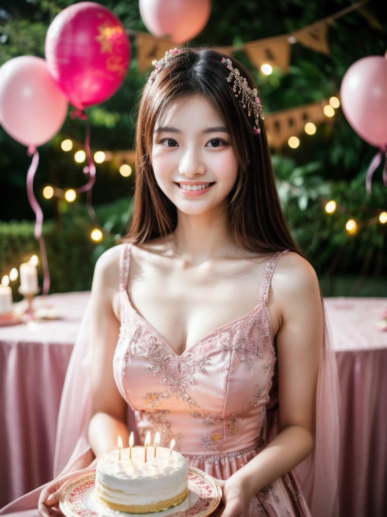 beautiful Asian woman, 20 years old, wearing a pink colored birthday dress, intricate design, looking elegant, smiling slightly, next to a birthday cake, decorated with 30 candles, awesome birthday decorations behind her and label says happy birthday, several small light bulbs, volumetric lighting, UHD , highly detailed, ornate details, masterpiece, top quality, Professional photography, bokeh, natural lighting, canon lens, shot on dslr 64 megapixels sharp focus