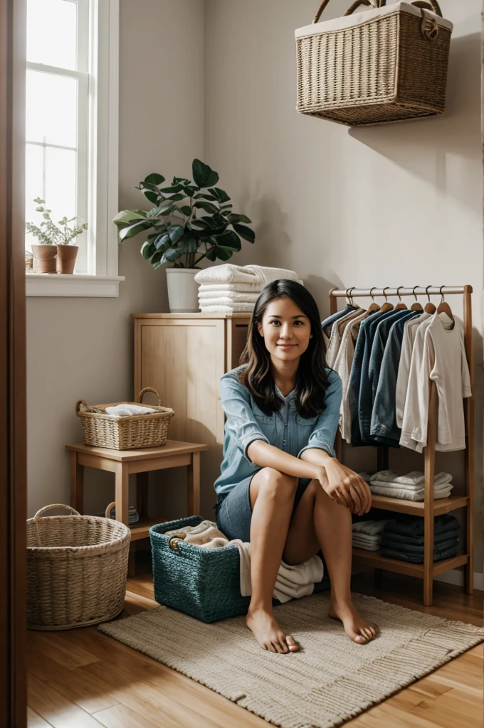 a woman sitting cross-legged in the room. There is a clothes basket and a lot of folded clothes