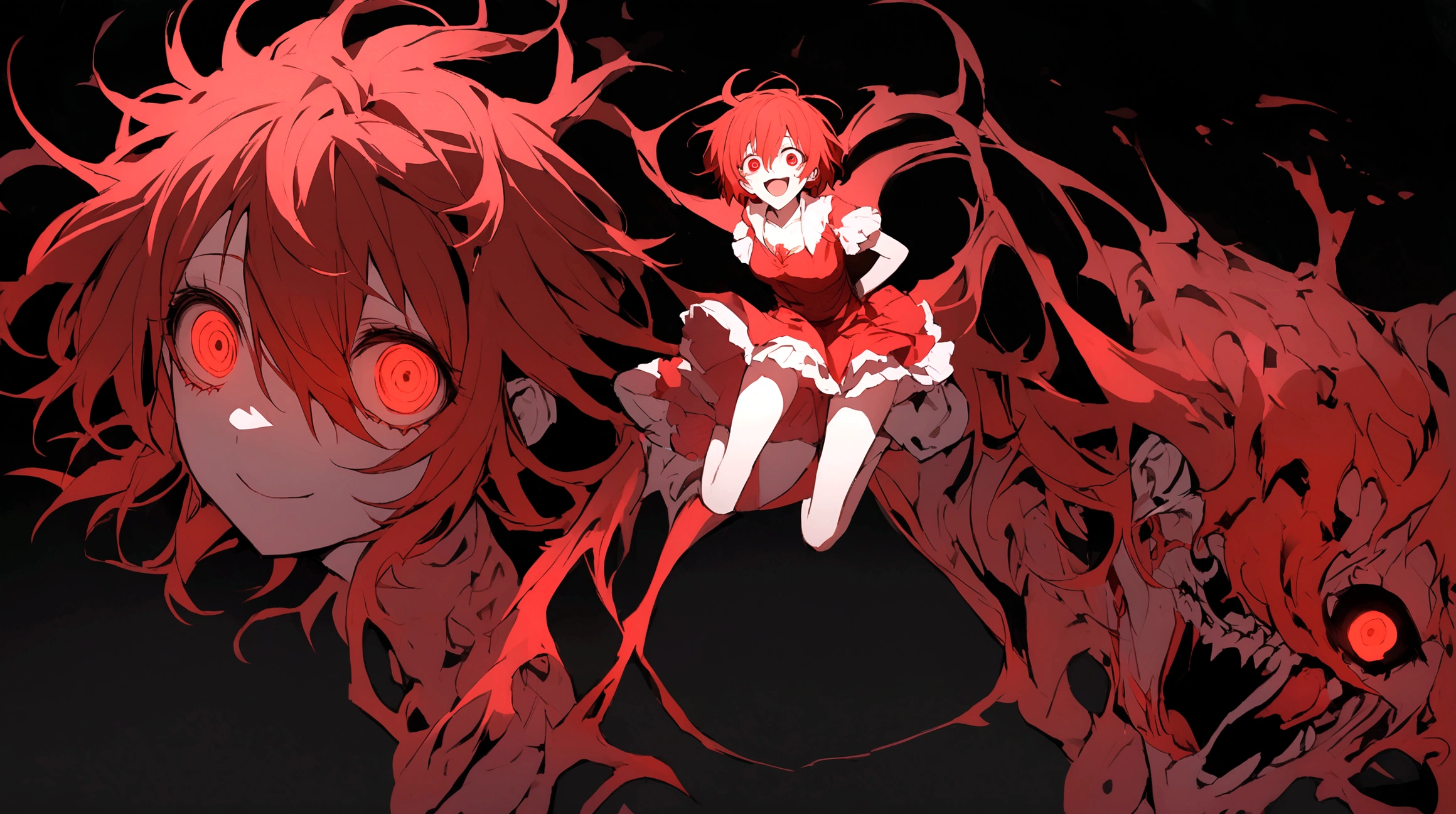 Crazy red eyes laughing Yandere Crazy anime girl. Looking. Short hair. Red hair. Full body, black background.
