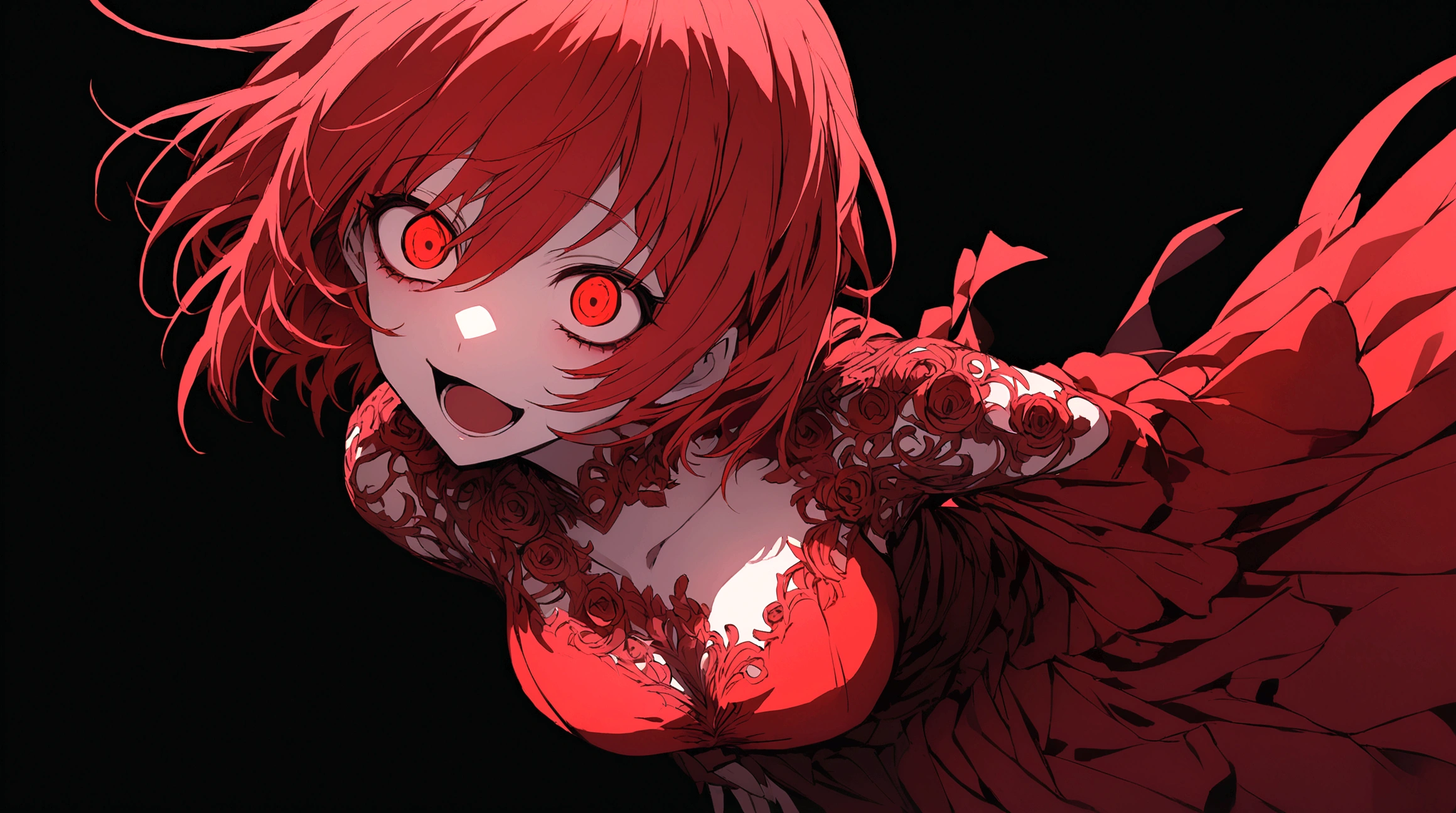 Crazy red eyes laughing Yandere Crazy anime girl. Looking. Short hair. Red hair. Full body, black background.
