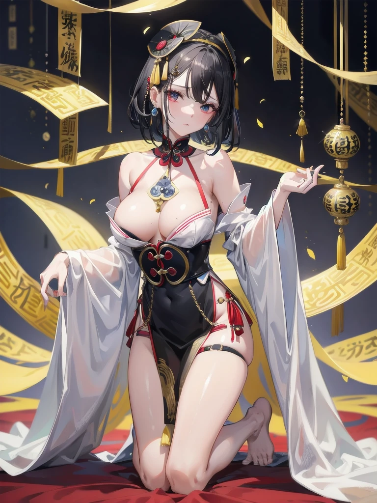 absurdres, RAW photo, extremely delicate and beautiful, masterpiece, Best Quality, ultra high resolution, 32k, hyperrealistic, ultra-detailed, in her 20s, delicate facial features, tearful mole, earring, medium breasts, full body shot, shorter middle hair, black hair, jiangshi, Spells with red letters on yellow,