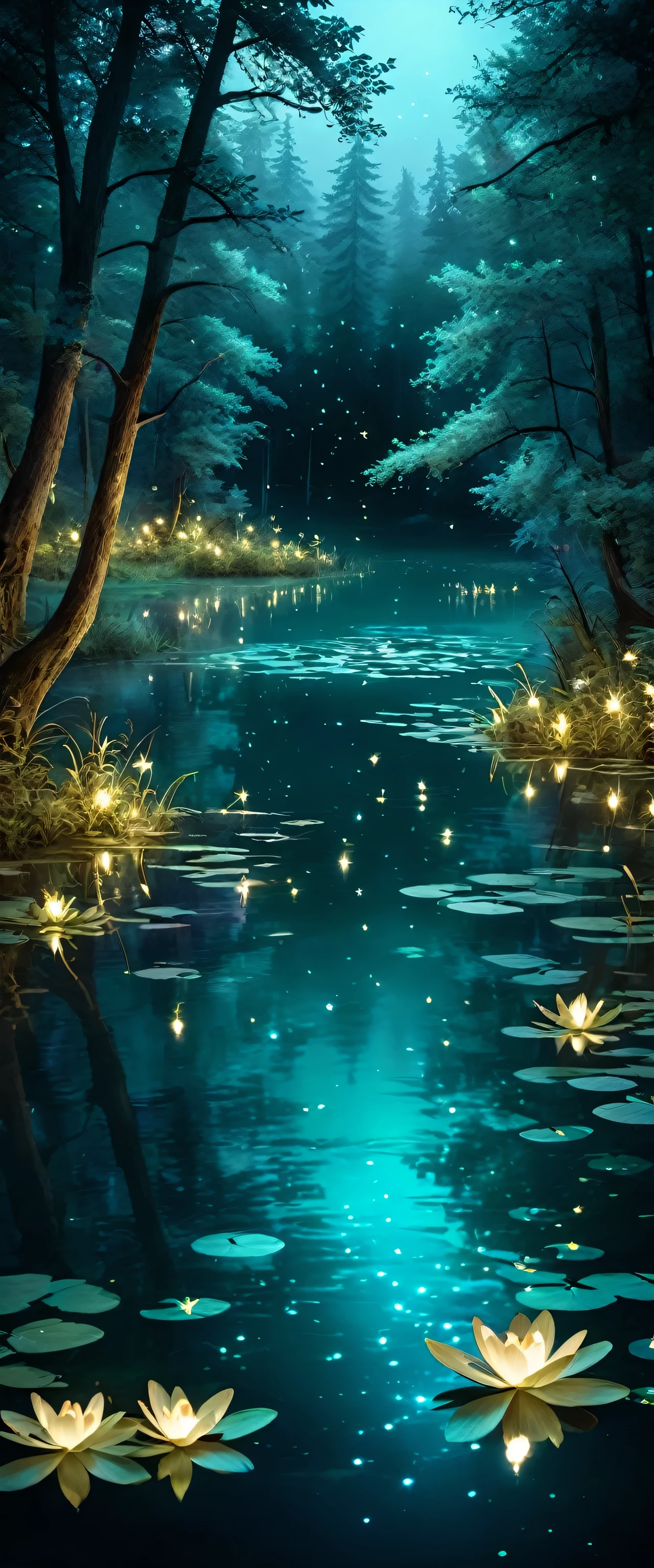 Evening Pond:1.5, ((Full shot:1.4)), ((beautiful lake at night in absolute darkness:1.5)), ((fireflies flying around illuminating the lake:1.5)), ((ultra detailed:1.5)), in the water reflects the lights of the fireflies:1.2, idyllic, dreamy, fantasy:1.3)), dark environment soft moonlight reflecting in the water, ultra-realistic 8k, portrait, highly detailed 32k digital art, beautiful work digital art, ((bluish, cyan, brown colors: 1.2)), realistic digital art in 8k, soft lighting, (( Highly detailed: 1.4), (( masterpiece )), ( Hyper detailed and beautiful: 1.3), (Photorealistic: 1.4)