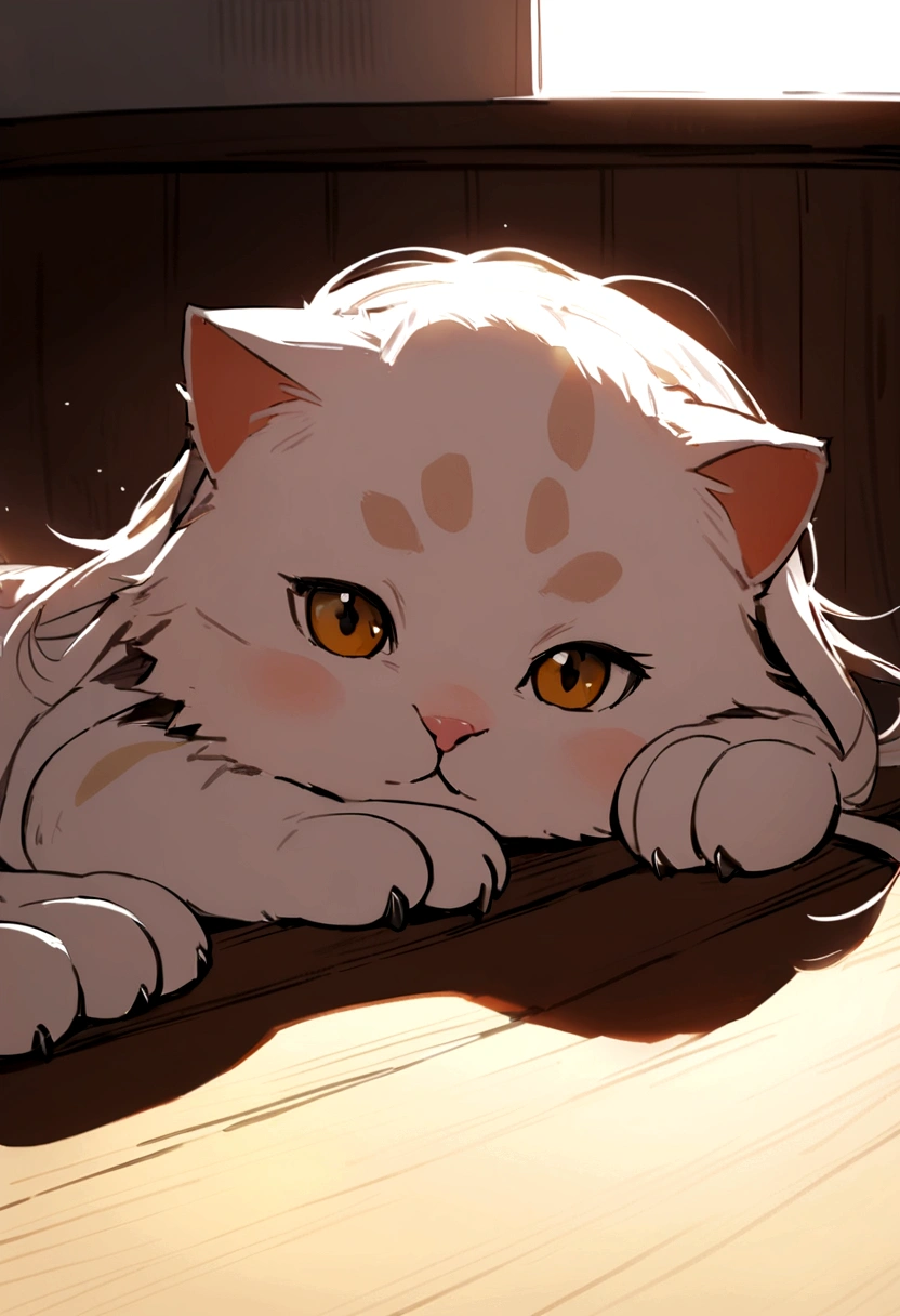 Kitten side head and paws lying on the table qui mange une soupe chinoise