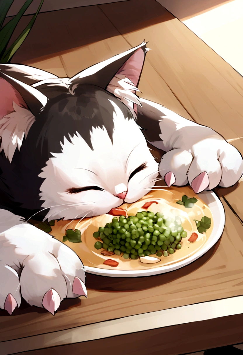 Kitten side head and paws lying on the table qui mange une soupe chinoise