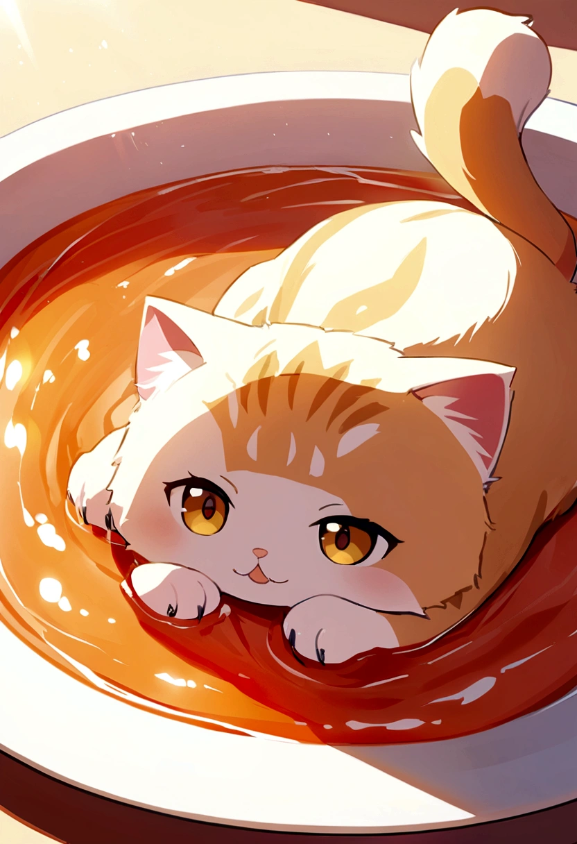 Kitten side head and paws lying on the table qui mange une soupe chinoise