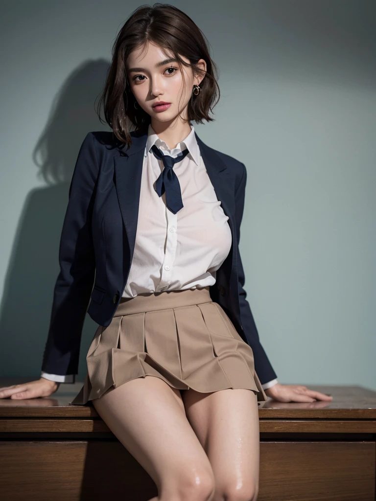 absurdres, RAW photo, extremely delicate and beautiful, masterpiece, Best Quality, ultra high resolution, 16k, hyperrealistic, ultra-detailed, perfect anatomy, super Detailed skin, perfect figure, Very detailed CG 8k wallpaper, in her 20s, very Slim body, narrow waist, very small head, very small face, delicate facial features, tearful mole, earring, thin legs, (very huge round breasts), full body shot, short hair, (wavy hair), (light brown hair), (wet clothes), ((school uniform)), (blazer),
