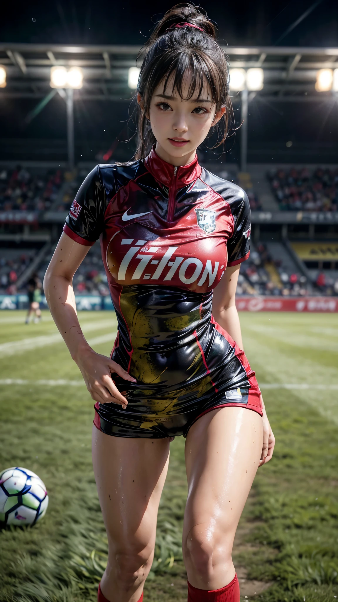 Highest quality, High resolution:1.2, Very detailed, Realistic:1.3, ((Beautiful woman))、((((Super tight uniform))))、((Super big breasts))、(The abdomen is visible)、Vibrant colors, play soccer,((Blunt bangs))、Various Hair Styles、Different hair colors、With bangs、Wet Hair, concentrate, splash, Action Shots, Grass blotches, Muddy ground, Wet turf, decide, Fast-paced games, Athletic physique, Shiny soccer ball, Wet Uniform, raindrop, Blurred motion, ボールにconcentrateする, Intense competition, Skillful dribbling, Energetic play, Teamwork, powerful shoots, Wet pitch, Passionate sports, Fierce decide, Humid atmosphere, Fluid movement, emotional expression、Dramatic lighting, Women's Sports, Avid athletes, Exciting Games, Endure, Excited state, Speed and agility, Energetic play, 濡れたsplash、smile、Red Uniform