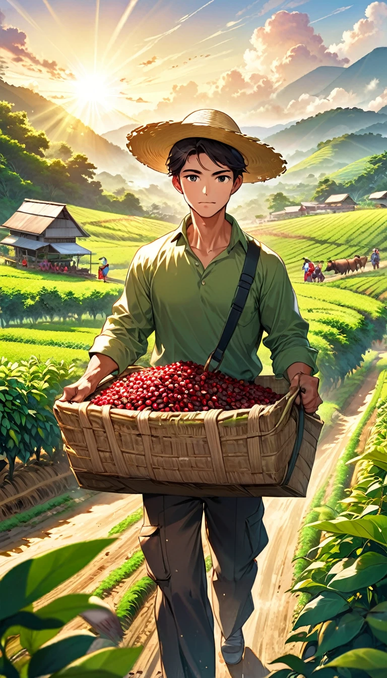 Create a colorful illustration that highlights the strength and vitality of the coffee field. The image should show a vast coffee plantation with neat rows of healthy, green bushes loaded with red cherries. In the center of the scene include a robust farm worker with defined muscles, wearing a rolled-up long-sleeved shirt, work pants and a straw hat, as he carries a heavy bag of coffee beans on his back. Your expression should reflect determination and pride in hard work.
In the background, show the rising sun, illuminating the landscape with golden tones, symbolizing a new day of work and the promise of an abundant harvest. Add details like harvesting tools, baskets full of coffee cherries, and an ox cart in the distance, loaded with bags of coffee ready for transport.
Use vibrant, contrasting colors to highlight the vitality and energy of the countryside, with an emphasis on the green tones of plants, the red of coffee cherries and the gold of the sun. The scene should convey the essence of the hard work, physical strength and pride of the coffee field workers.
