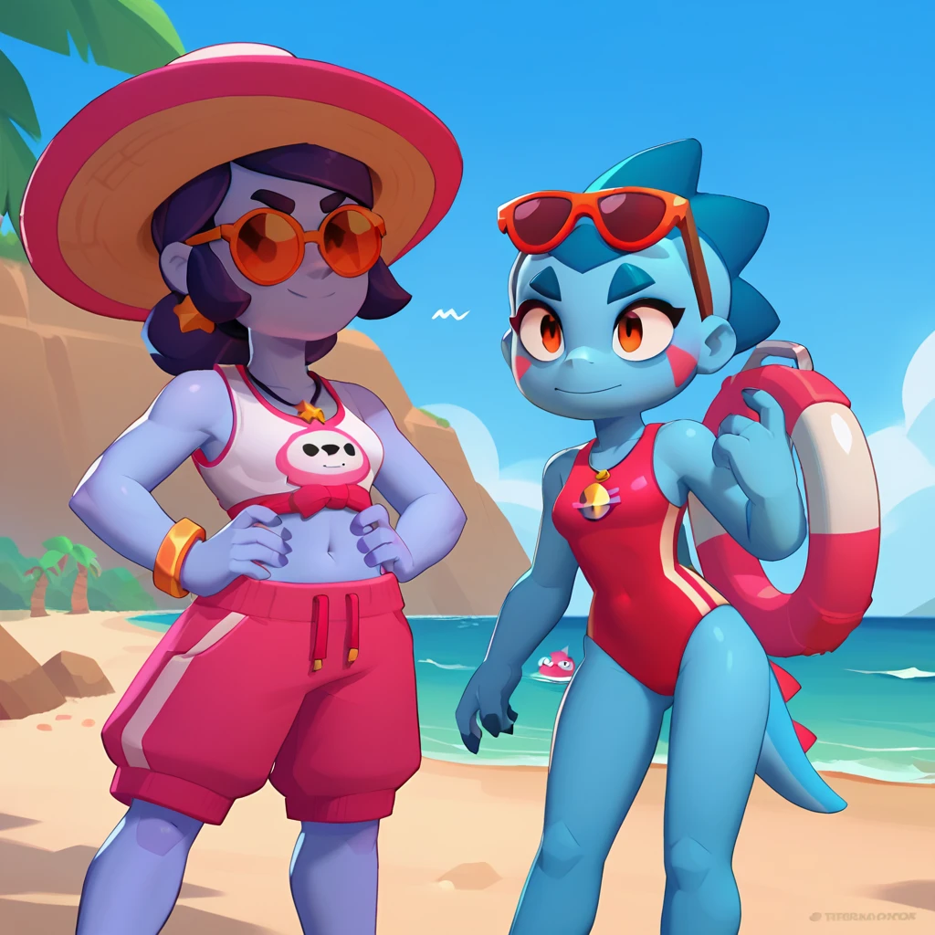 a triceratops dinosaur, triceratops blue skin, female, dressed in a red swimsuit and sunglasses, with a pink and white buoy, brawl, brawl stars
