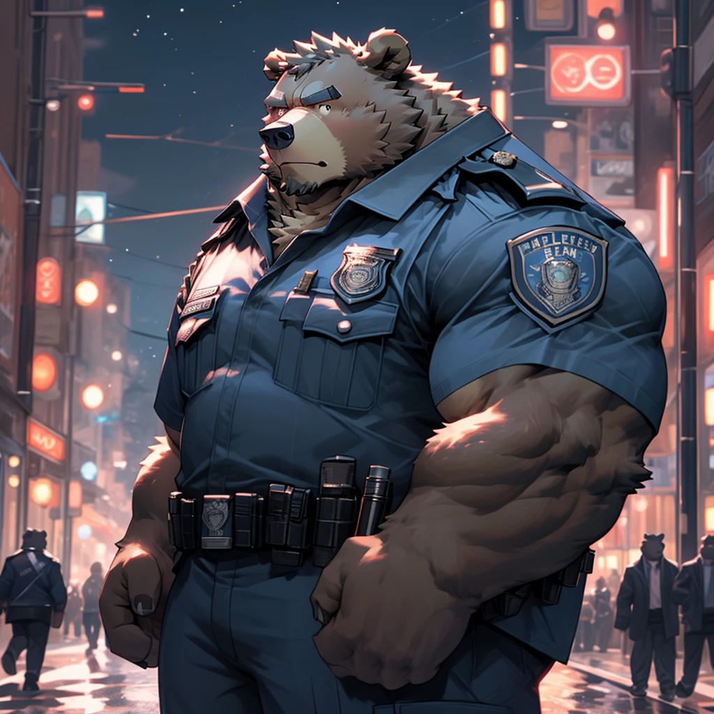 A muscular and strong police officer bear in uniform with a busy city pedestrian street in the background. A strong bear holding a baton.