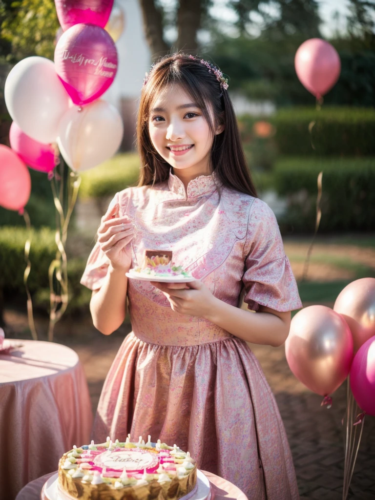 beautiful Asian woman, 20 years old, wearing a pink colored birthday dress, intricate design, looking elegant, smiling slightly, next to a huge birthday cake, decorated with 30 candles, awesome birthday decorations behind her and label says happy birthday, several small light bulbs, volumetric lighting, UHD , highly detailed, ornate details, masterpiece, top quality, Professional photography, bokeh, natural lighting, canon lens, shot on dslr 64 megapixels sharp focus