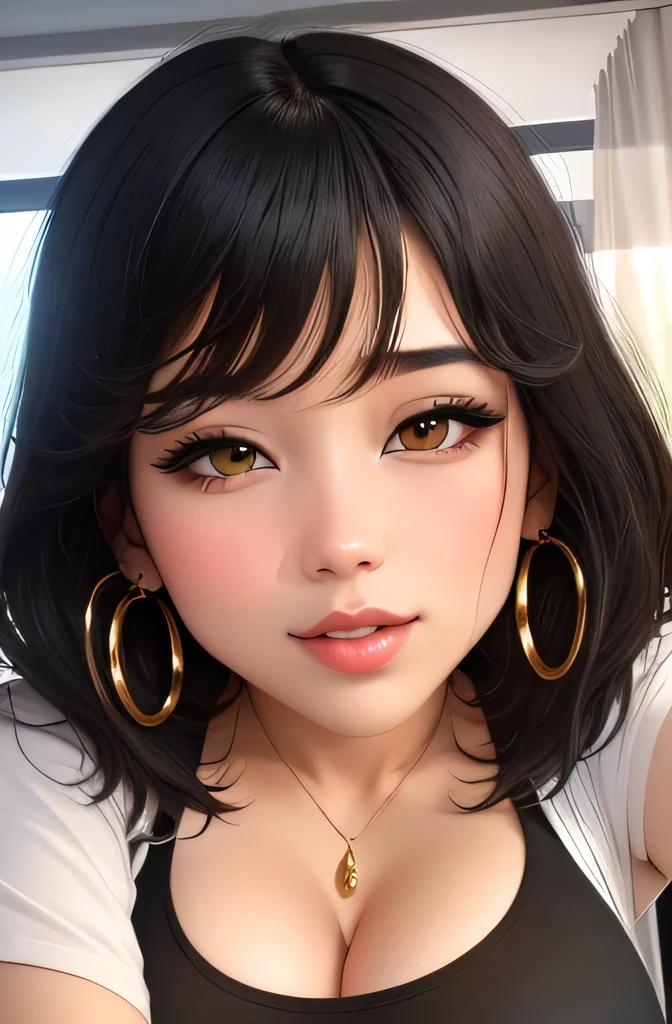 1girl, black_hair, breasts, cleavage, curtains, earrings, front-tie_top, jewelry, large_breasts, lips, looking_at_viewer, shirt, solo, tied_shirt, upper_body, white_shirt