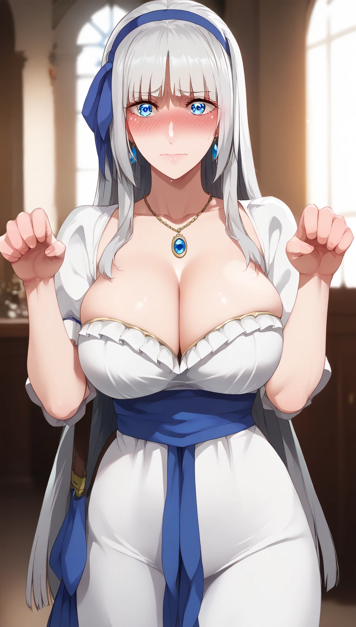score_9, score_8_up, score_7_up, score_6_up, uncensored, mylene, long hair, silver hair, blue hairband, blue eyes, necklace, BREAK (masterpiece:1.2), best quality, high resolution,(detailed eyes:1.3), perfect lighting,(perfect hands, perfect anatomy), large breasts, blush face, embarrassed, paw pose, dress, white dress, cleavage,