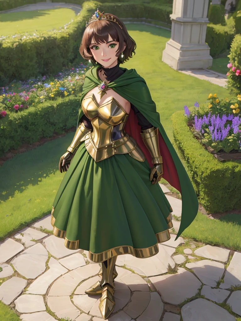 masterpiece, best quality:1.2), 1girl, smile, looking at viewer, green eyes, short brown hair, princess, armor, , pauldrons, armored dress, green cloak cape, wearing puffy blue ballgown skirt, golden tiara with green gem, armored boots, fingerless gloves, standing in medieval garden