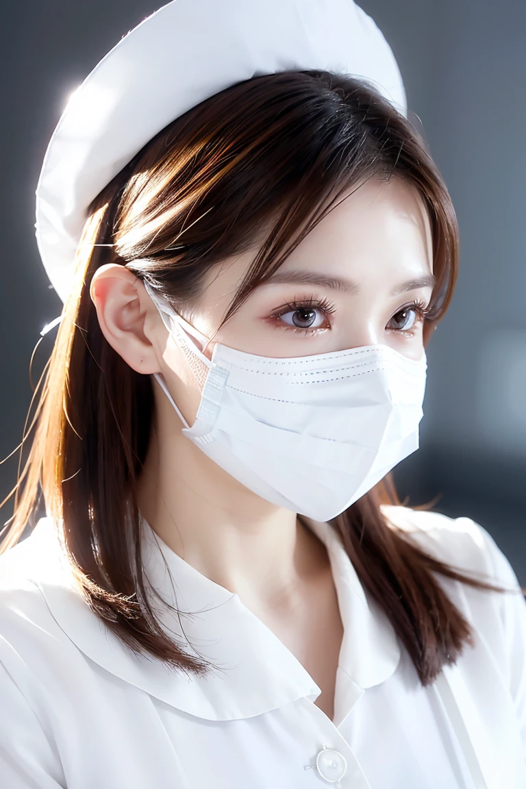 (Tabletop、Highest quality、8K、Award-winning works、Ultra-high resolution)、(one beautiful nurse:1.1)、(Perfect white nurse uniform:1.1)、(White Mask:1.1)、Accurate anatomy、(The background of the hospital room is strongly blurred:1.1)、very bright white lighting、(Face close-up:1.2)、Perfect beautiful makeup、Great cinema lighting、Tyndall effect、Elegantly upright