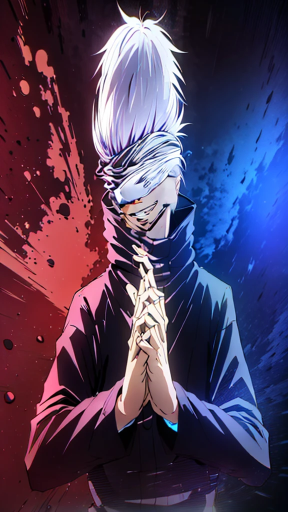 (tmasterpiece, beste-Qualit: 1.2), male focus, 1boy, Gojo Satoru, ssmile, hands in pocket, fold, black jacket, (Masterpiece:1.3),(Best Quality:1.2),8K,absurdress,Unity 8K WallPapper,(Extremely detailed:1.3),supreme, hight resolution, Amazing, illustartion, Beautiful studio soft light, Stunningly beautiful, incredibly absurdres, Vivid details, Cinematic lighting, moody lighting, pixiv, Award-winning, Professional, Highly detailed, Gojo1, solo, looking a viewer, Smile, Short hair, long sleeves, 1boy, Standing, jacket, upper-body, white colored hair, male focus, Hand Up, grin, spiked hair, facing viewer, (red background:1.1), high collar, blind (Magic:1.3), (Aura:1.3), covered eyes,