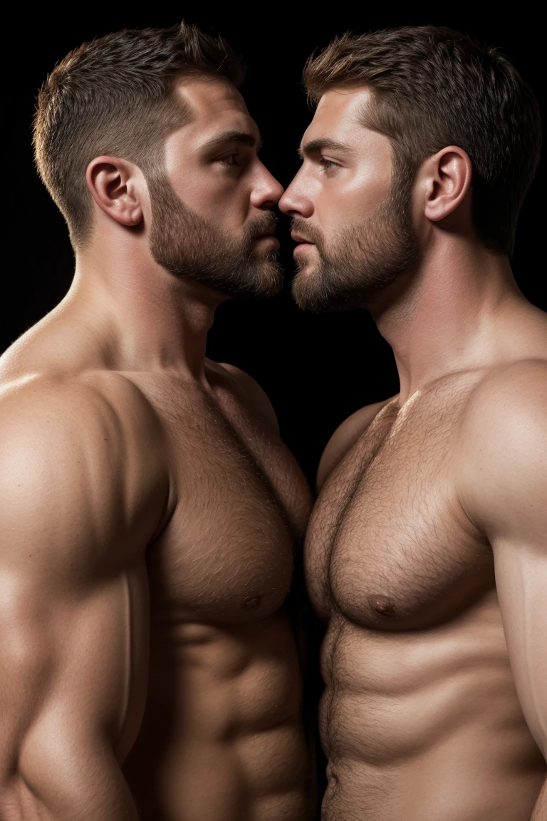 "8KUHD Very Realistic Very Detailed High Quality Create a professional studio-style photograph featuring two 45 year old men, burly, hairy, beared big daddy bear, and very realistic detailed rugged man and his husband in boxers. beards, very realistic hair, very realistic beards, very realistic thick chubby neck, very realistic neck details, very realistic neck lines, very realistic belly, very realistic chest, very realistic strong chest and arms, very realistic hairy chest and arms, very realistic pecs, very realistic burly body, very realistic nipples, very realistic burly body, very realistic face, very realistic eyes, very realistic nose, very realistic ears, very realistic facial features, very realistic arms, very realistic hands, very realistic wrists, very realistic fingers, very realistic fingernails, very realistic shoulders, very realistic mouth, very realistic lips, very realistic detailed skin, very realistic skin, very realistic mens clothing, very realistic detailed mens clothing. A very realistic man and his husband are kissing each other, very realistically kissing each other, in a very realistic romantic and virile scene. Very Realistic Intricately Detailed, Utilize all appropriate lighting techniques for studio photography. The background should be black." No Deformities, HDR
