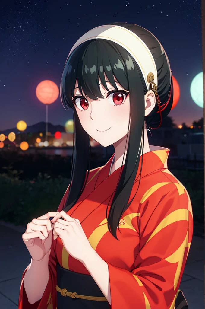 (SFW:1.8、masterpiece, Highest quality),女の子1people々々, 一people々々in, Absurd、現実inは捉えられないディテールと美しさ、hyper Realistic, Realistic,Realistic, Looking at the audience, 美しいbangs:2、魅力的なbangs:2、bangs:2、), Mouth closed, Big Tits Eyes、eyelash、 whole :2、(((Add highlights to the eyes:1.4、Long Hair、She is very 美しい and cute、Show me your ears、Beautiful long neck:1.8、smile、Close your mouth and smile:1.5、bangsと美しい歯)))、Ideal body type、((firework、Night Sky、Night Skyに美しいfirework、Summer festival))、Beautiful long neck:1.6、Perfect Anatomy、people々Beautiful pads that make you feel happy:2、自然in快適な照明、Keep an eye on your audience、Shadow Fade、Listen carefully、smile、((Black Hair、Red yukata、White hair band、Red eyes))、A starry sky、Rich nature background、stall、fireworkの光