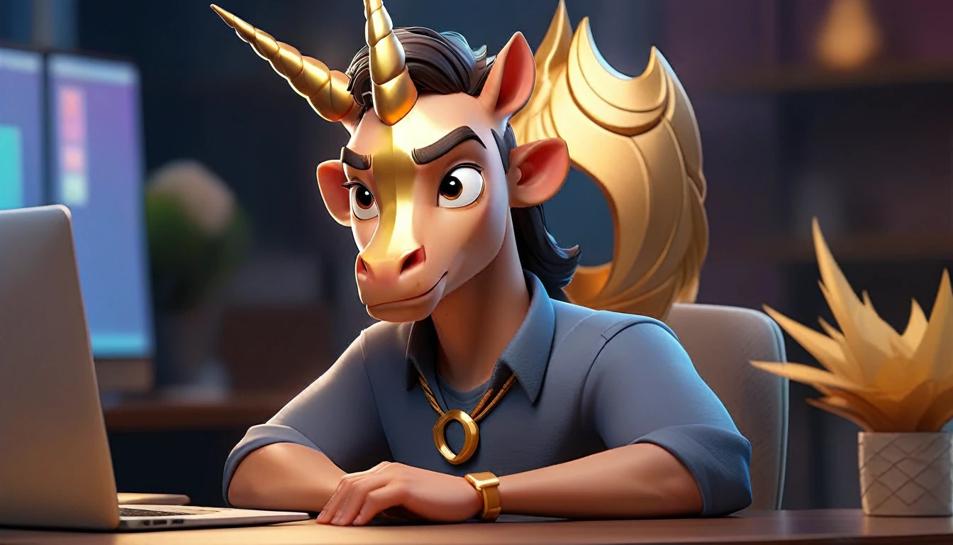 animated avatar of human with unicorn face male and professional looking at camera, humanized facial features, boca, this unicorn must reflect innovation, the success, aspirations associated with startups, expresion facial friendly y carismatica, large eyes, expressive. gold and silver aspects, sitting at a desk with a room background, friendly, looking forward looking at the camera