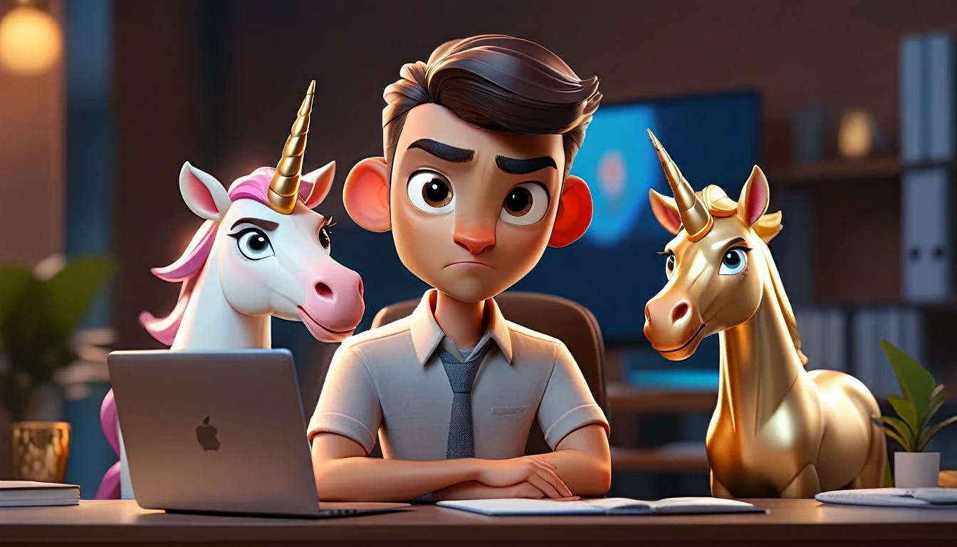 animated avatar of human with unicorn face male and professional looking at camera, humanized facial features, boca, this unicorn must reflect innovation, the success, aspirations associated with startups, expresion facial friendly y carismatica, large eyes, expressive. gold and silver aspects, sitting at a desk with a room background, friendly, looking forward looking at the camera